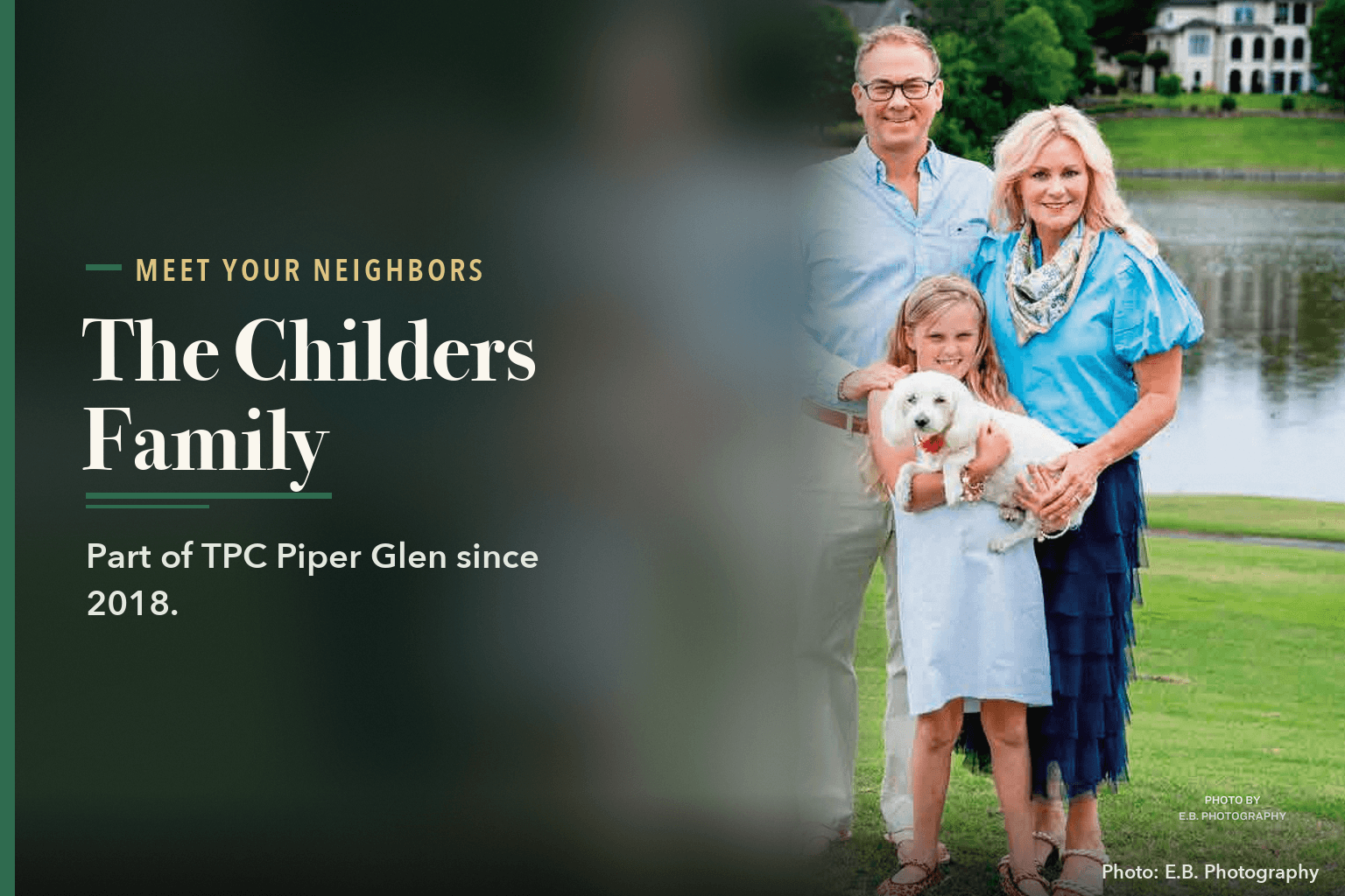 The Childers family on a golf course lawn beside a pond, beside the words The Childers Family.