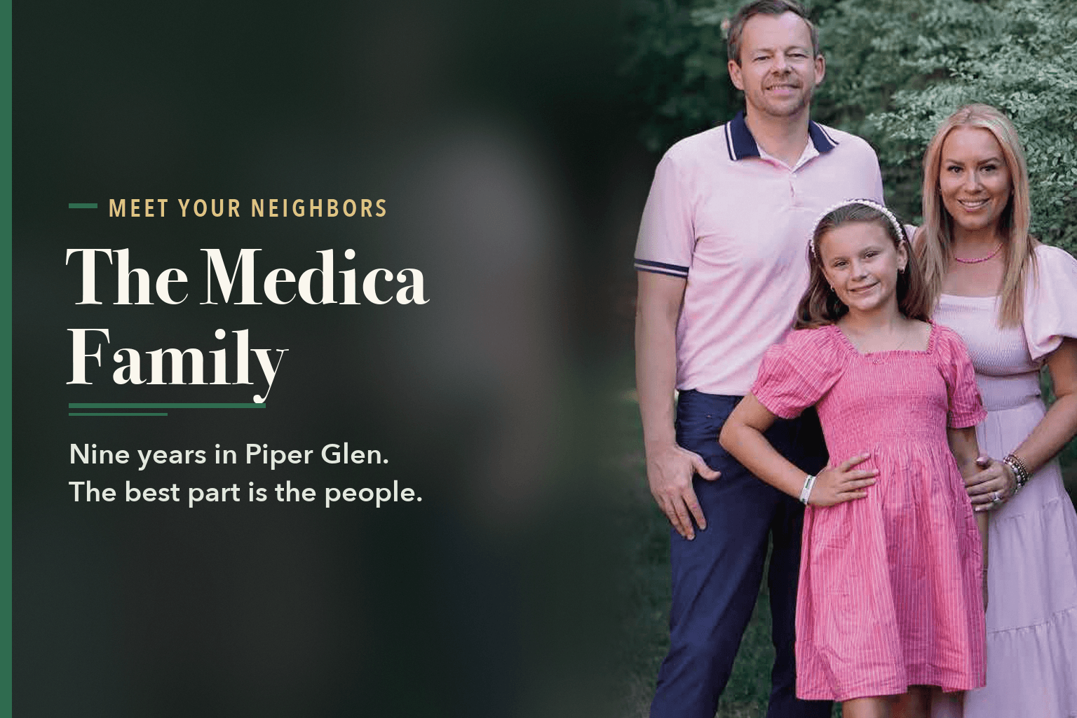 The Medica family in pink outdoors in front of shrubbery, beside the words The Medica Family.