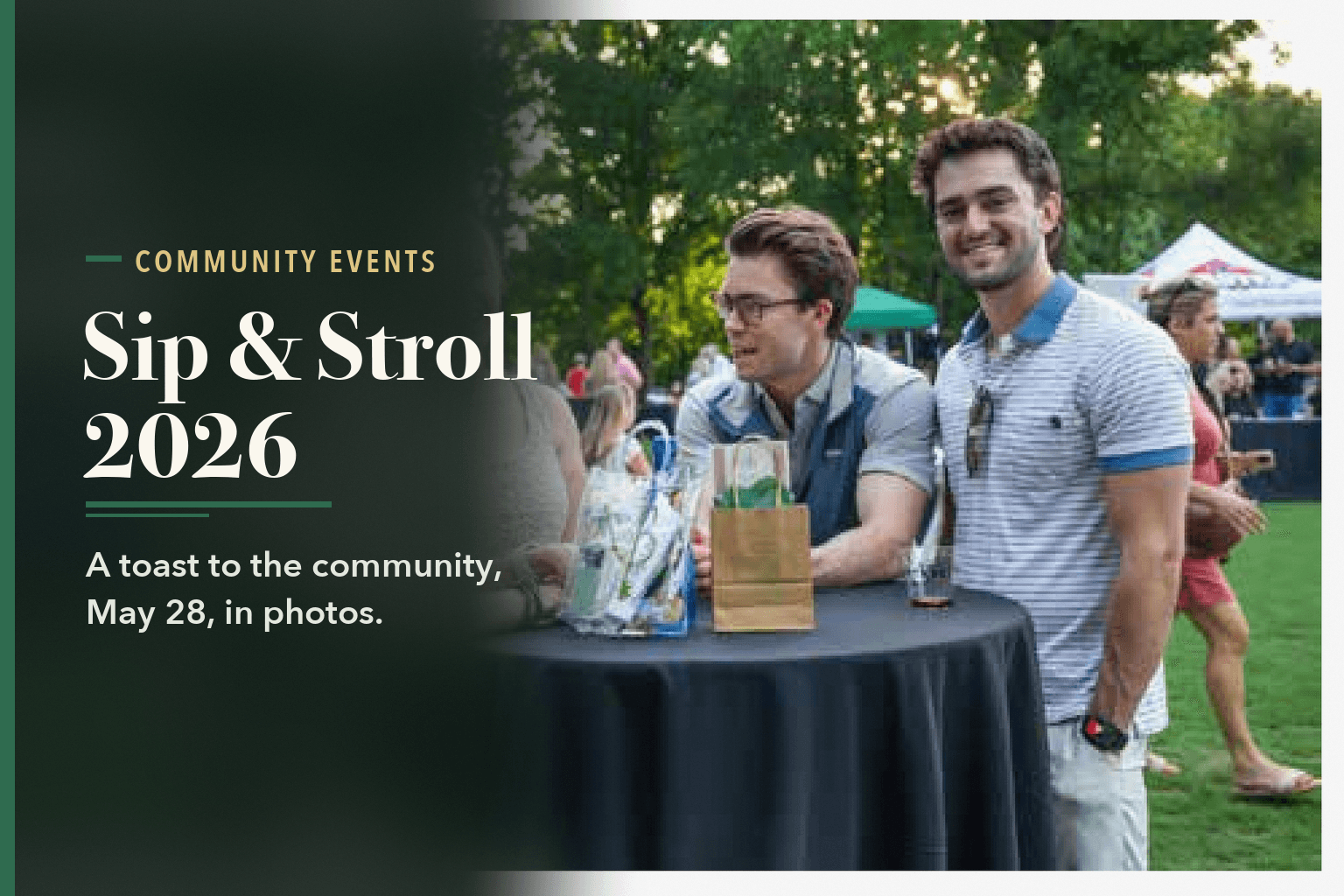 Guests talking at a cocktail table on a lawn at Sip & Stroll, beside the words Sip & Stroll 2026.