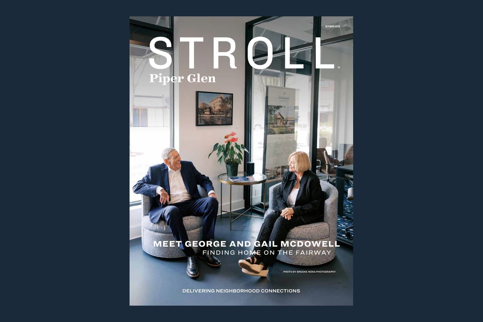 Cover of the October 2026 Stroll Piper Glen, George and Gail McDowell seated in an office lobby.