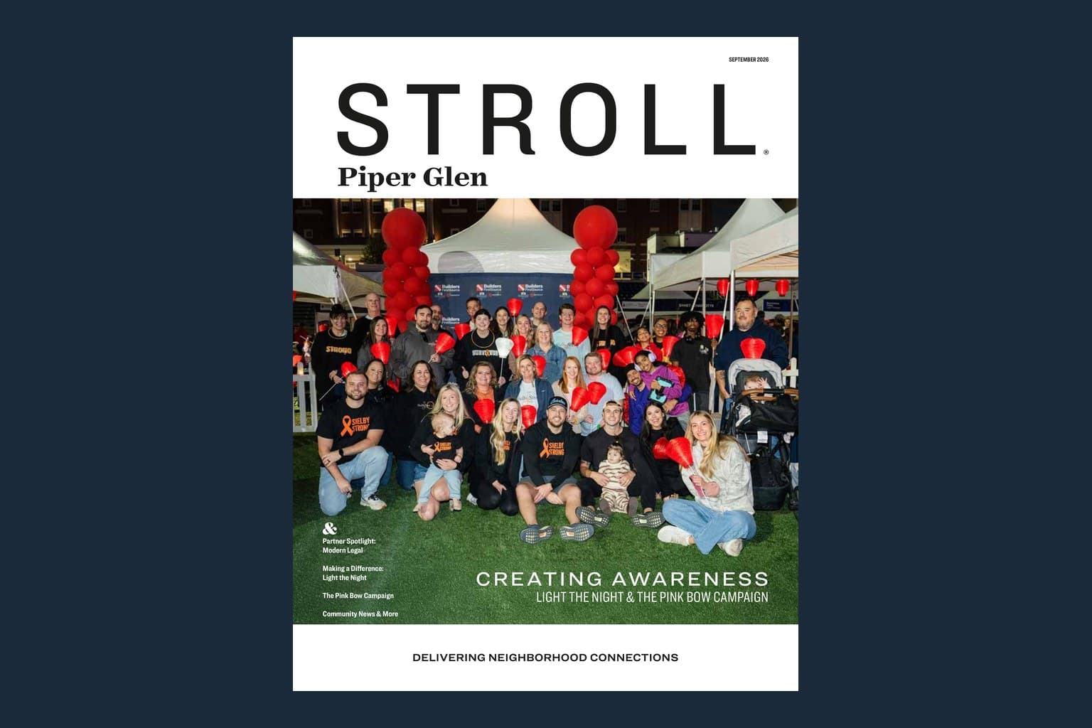 Cover of the September 2026 Stroll Piper Glen, a group holding red lanterns at Light The Night.